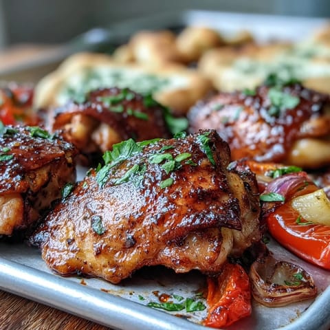 Sheet Pan Honey Garlic Chicken & Naan served hot from the oven with roasted peppers and onions.