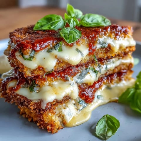 Fresh basil garnish enhances this vegetarian Italian-American main dish served on a dinner plate. 