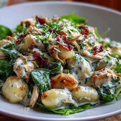 Tender gnocchi and shredded chicken in a rich garlic Parmesan cream sauce with bright green spinach.