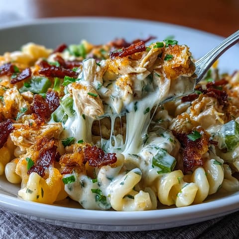 Golden, creamy Creamy Jalapeño Popper Chicken Pasta swirls with shredded chicken, bacon, and melted cheese in a skillet.