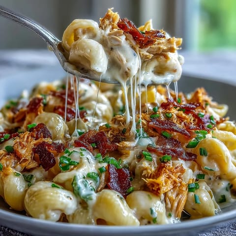 Bubbling cheese sauce coats tender pasta shells in this Creamy Jalapeño Popper Chicken Pasta, topped with crispy bacon crumbles.