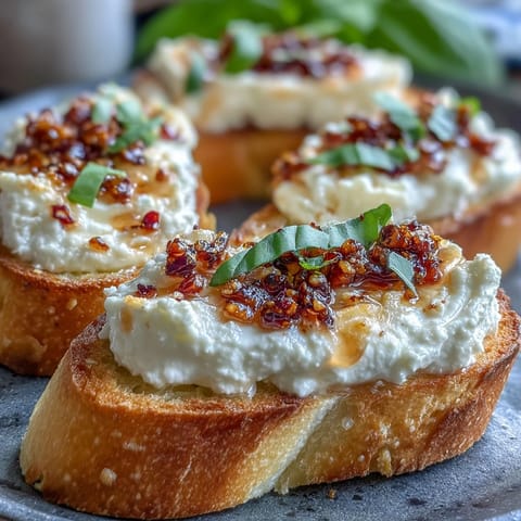 Golden toasted baguette slices piled high with whipped ricotta, Hot Honey Ricotta Bruschetta, drizzled in spicy honey and chili crunch.