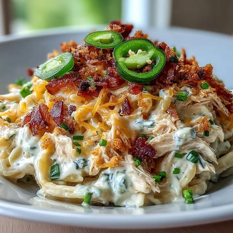 A hearty spoonful of Creamy Jalapeño Popper Chicken Pasta next to fresh jalapeño slices and herbs.