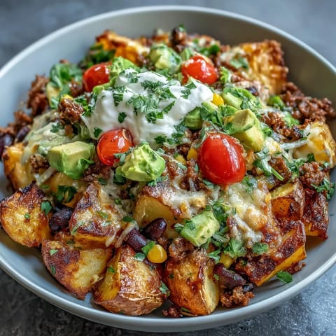 Loaded Potato Taco Bowl with crispy roasted potatoes, seasoned ground meat, black beans, corn, melted cheddar, and fresh veggies in a hearty, colorful dish.  
