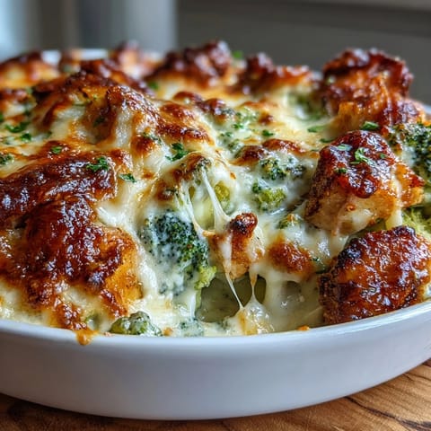 Keto creamy chicken and broccoli casserole baked golden with melted cheese and tender chicken.  