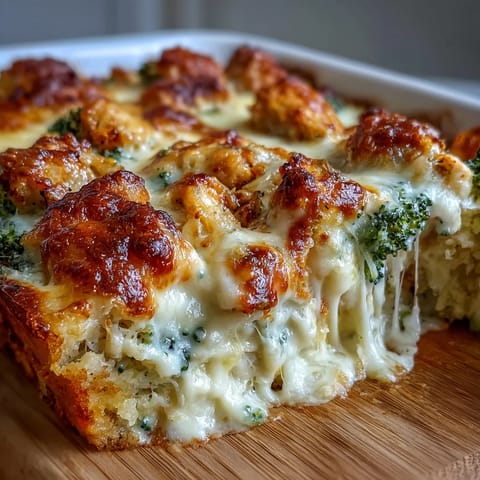 A comforting low-carb casserole featuring juicy chicken and broccoli in a rich, cheesy cream sauce.  