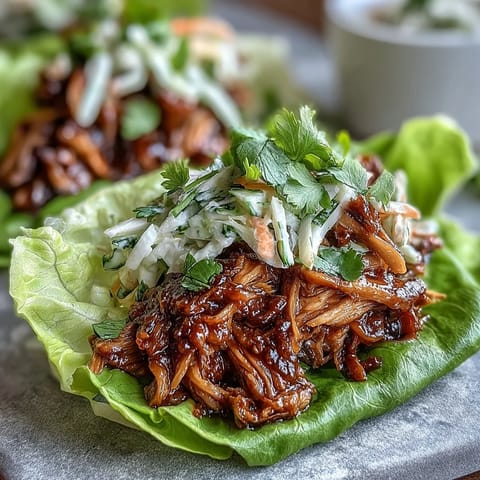 Tender BBQ jackfruit served in crisp lettuce leaves with creamy cabbage slaw for a light, flavorful vegan taco meal.  