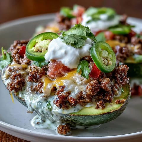 Keto taco stuffed avocados with seasoned ground beef, fresh salsa, and creamy sour cream for a satisfying low-carb meal.