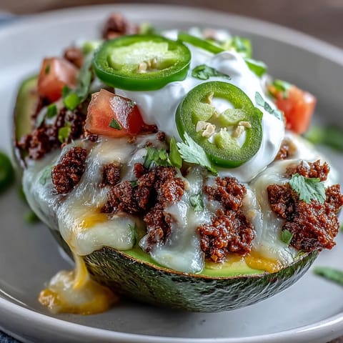 Vibrant avocado halves filled with spiced beef, topped with tangy sour cream and zesty salsa in a keto-friendly recipe.