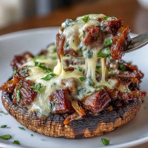 Mouthwatering Keto Philly Cheesesteak Stuffed Portobello Mushrooms filled with juicy ribeye, sautéed veggies, and gooey provolone cheese.