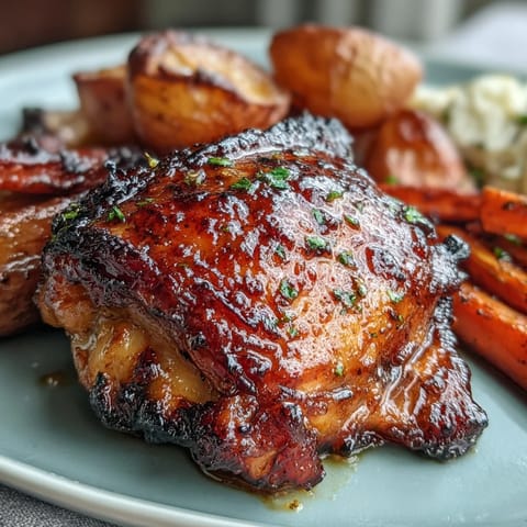 One-Pan Honey Mustard Chicken and Carrot Sheet Pan Dinner with golden roasted chicken thighs and caramelized carrots on a rustic baking tray.  