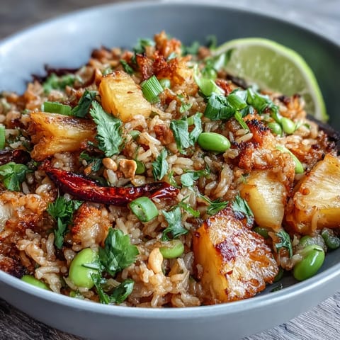 Healthy cauliflower fried rice recipe featuring colorful pineapple, edamame, and bell peppers for a satisfying vegan meal.  