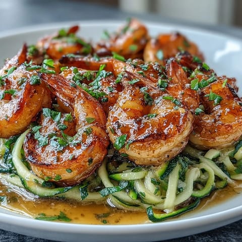 Tender shrimp sautéed in rich garlic butter sauce atop spiralized zucchini noodles for a satisfying keto dinner.