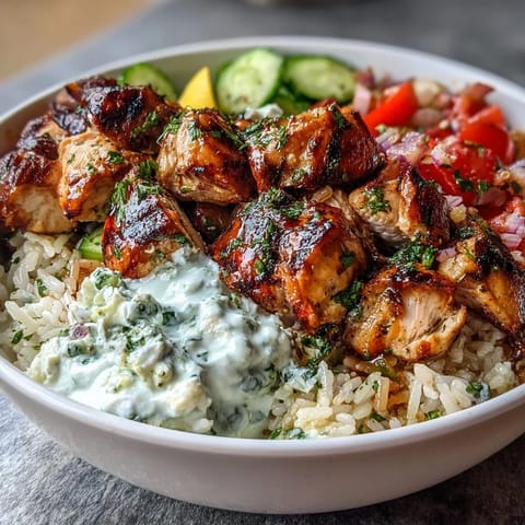 Light Greek Chicken Souvlaki Bowls with Tzatziki and Veggies featuring grilled marinated chicken, crisp cucumber, and creamy homemade tzatziki on fluffy rice.