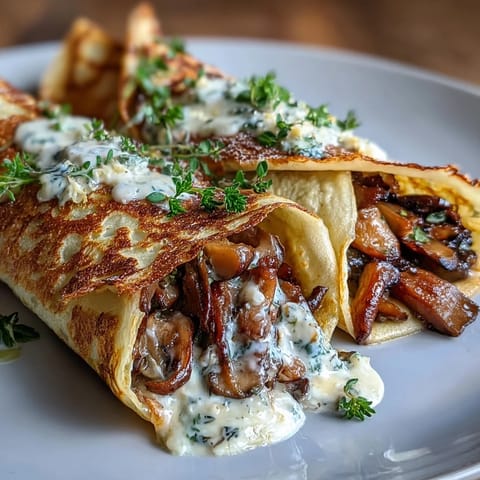 Aromatic wild mushroom and herb crepe filling, featuring a savory blend of mushrooms, garlic, and thyme in a rich cream sauce.  