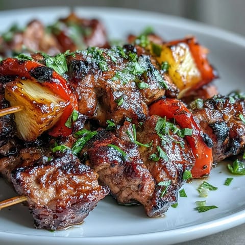 Juicy jerk chicken skewers with sweet pineapple and colorful bell peppers, grilled to perfection for a vibrant Caribbean meal.