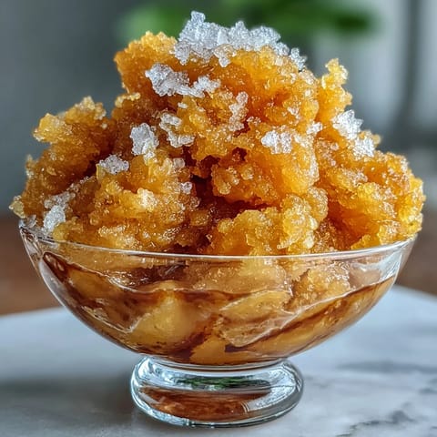 Vibrant mango sorbet granita with icy crystals, served in chilled glasses for a refreshing summer dessert.  