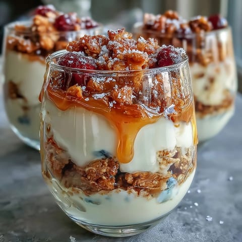 A luscious salted honey yogurt parfait with creamy Greek yogurt, crunchy granola, and a drizzle of sweet-salty honey.