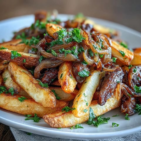 Golden oven-baked steak fries tossed in aromatic garlic butter and sweet caramelized onions, perfect for any meal.  