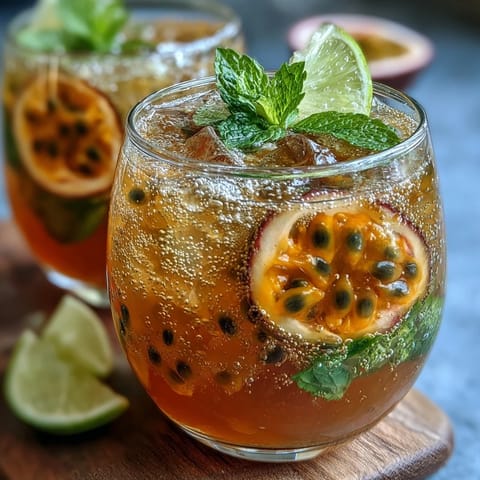 Tropical passionfruit cocktail bursting with juicy passionfruit, aromatic mint, and tangy lime, topped with sparkling water for a fizzy twist.  