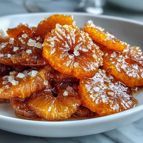 Glossy candied orange segments glisten in syrup, perfect for topping desserts like cakes, tarts, or ice cream.