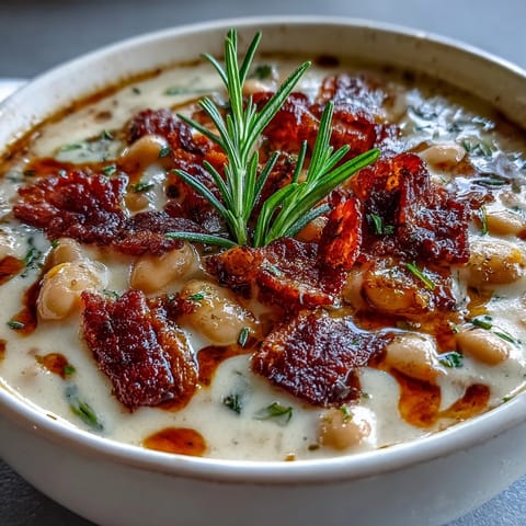 A steaming bowl of velvety white bean soup, infused with smoky bacon and fragrant rosemary.  