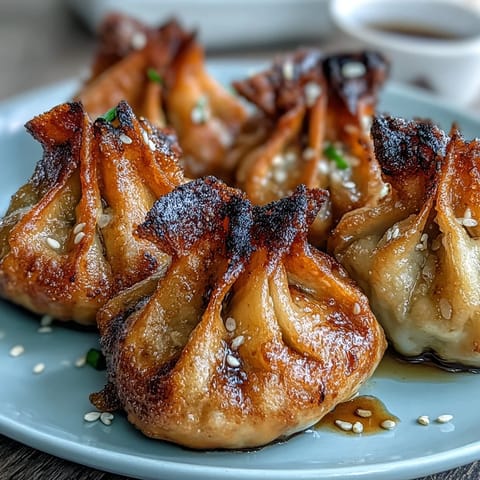 Delicious homemade pork dumplings air fried until crispy and paired with bold, aromatic chili oil.  
