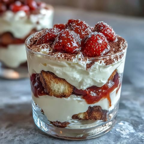 Romantic individual strawberry tiramisu cups featuring fluffy mascarpone cream, juicy macerated strawberries, and coffee-dipped ladyfingers for a perfect dessert.