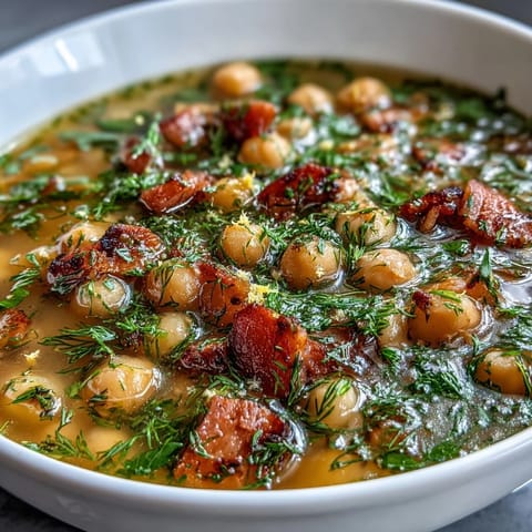 Creamy ham and chickpea soup brightened with lemon zest and fresh dill, perfect for a comforting Mediterranean-inspired meal.