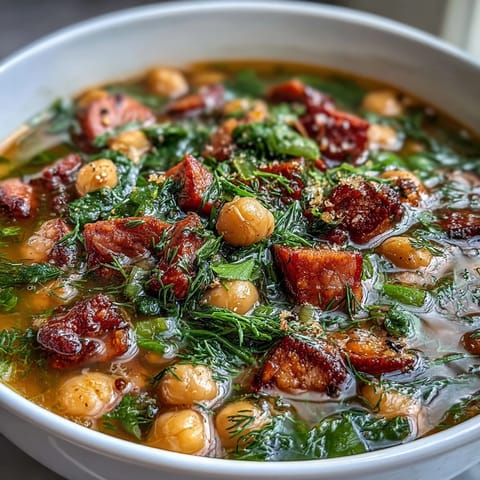A steaming bowl of ham and chickpea soup with lemon and dill, garnished with fresh herbs and served with crusty bread.