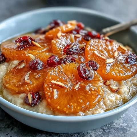 A warm bowl of candied orange oatmeal with cranberries and almonds, topped with sweet orange slices and crunchy nuts.