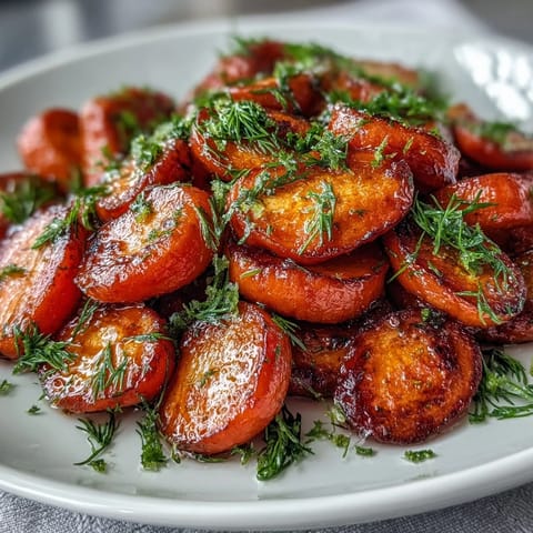 Glossy carrots simmered in a sweet and tangy orange honey glaze, garnished with aromatic fresh dill for a burst of flavor.  