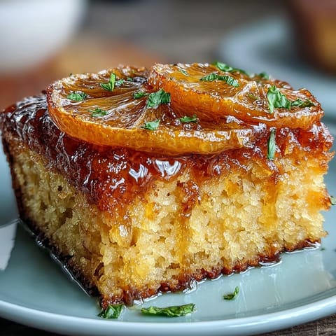 Moist candied orange olive oil cake with almond flour, garnished with fresh mint and powdered sugar.  