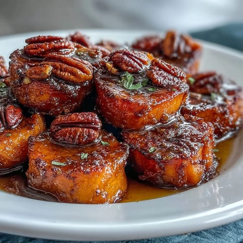 Warm candied yams glazed in brown sugar and cinnamon, topped with crunchy toasted pecans—a comforting holiday side dish.