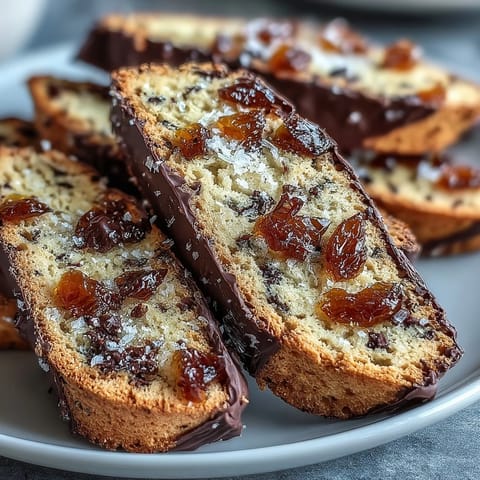 Twice-baked biscotti cookies filled with zesty candied orange peel and rich dark chocolate, perfect for gifting or afternoon treats.  