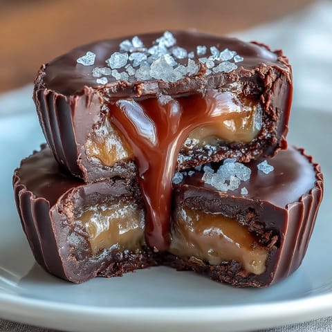 Decadent homemade peanut butter cups filled with gooey salted caramel and topped with flaky sea salt for a sweet-salty treat.  