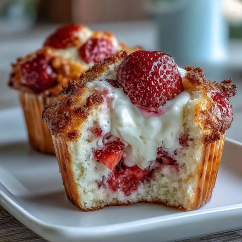 Moist strawberry Greek yogurt muffins with juicy fruit pieces, golden tops, and a tender crumb—ideal for breakfast or snack time.