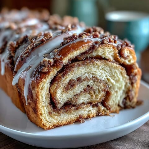 King Cake Cinnamon Babka Loaf with swirls of cinnamon filling and cream cheese, decorated with purple, green, and gold sugars.