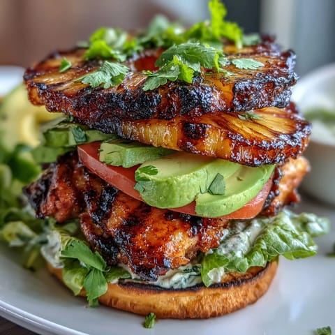 Grilled chicken pineapple burger stacks with juicy chicken, caramelized pineapple, and fresh veggies.  