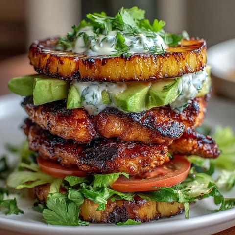 Savory grilled chicken layered with sweet pineapple rings, crisp lettuce, and avocado for a fresh, hearty burger stack.  