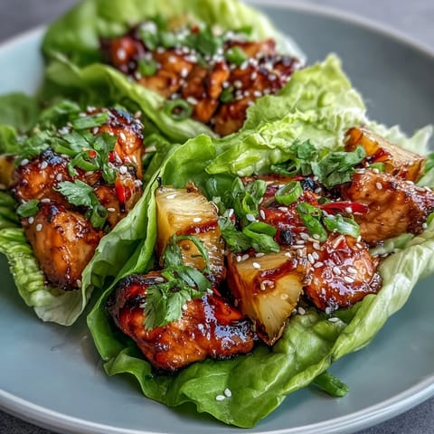 Teriyaki chicken pineapple lettuce wraps with juicy glazed chicken, fresh pineapple, and crisp vegetables in lettuce leaves.