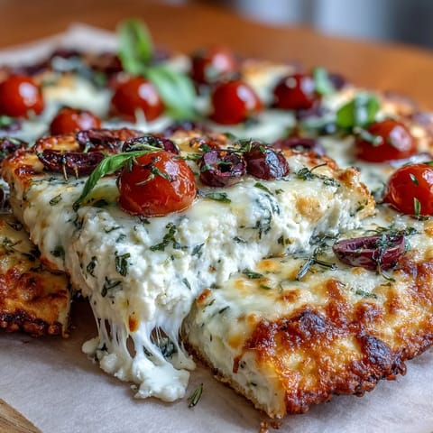 Golden low carb cottage cheese flatbread pizza topped with melted mozzarella, olives, and cherry tomatoes, ready to slice.