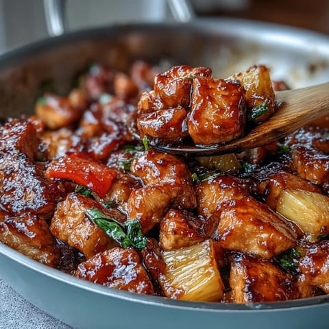 A colorful skillet of sweet and sour chicken with pineapple, bell peppers, and onions in a glossy sauce, perfect for a quick family dinner.  