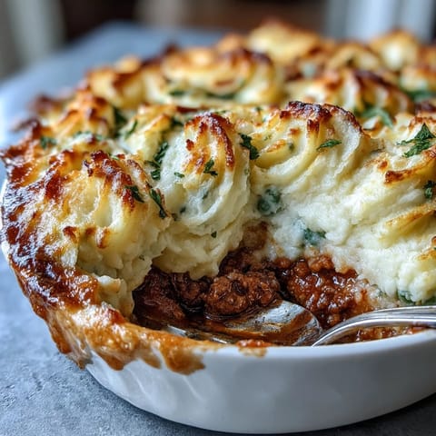 Classic Shepherds Pie with Cauliflower Mash Topping in a golden-brown baking dish, showcasing creamy cauliflower mash over savory ground lamb and vegetable filling.