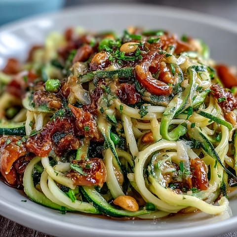 Healthy Easy Zucchini Noodle Stir-Fry with Peanut Sauce in a vibrant bowl, topped with chopped peanuts and fresh cilantro.