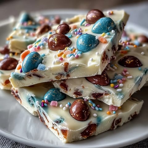 Colorful Easter chocolate bark with pastel swirls, Cadbury eggs, and sprinkles on a white chocolate base.
