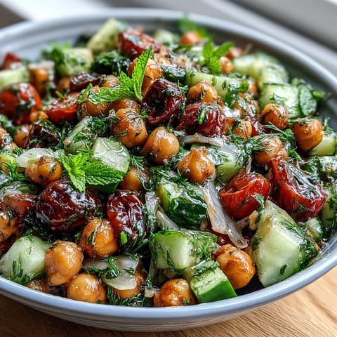 A colorful Mediterranean-inspired chickpea and cucumber salad, brightened by juicy cherry tomatoes, red onion, and a zesty lemon vinaigrette for a refreshing side dish.