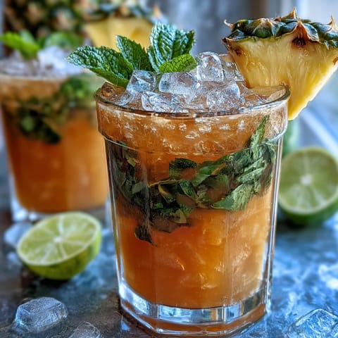 Close-up of Pineapple Basil Agua Fresca in a clear pitcher, vibrant green flecks of basil swirling in the sweet tropical juice.