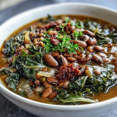 Soul Food Black-Eyed Pea and Collard Green Stew simmering with smoky spices and tender vegetables in a rustic pot.
