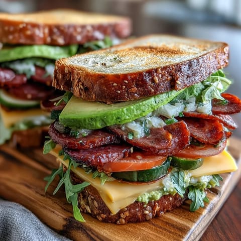 Loaded deli sandwich board with assorted meats, cheeses, and fresh vegetables on rustic breads, perfect for customizable sandwiches.
